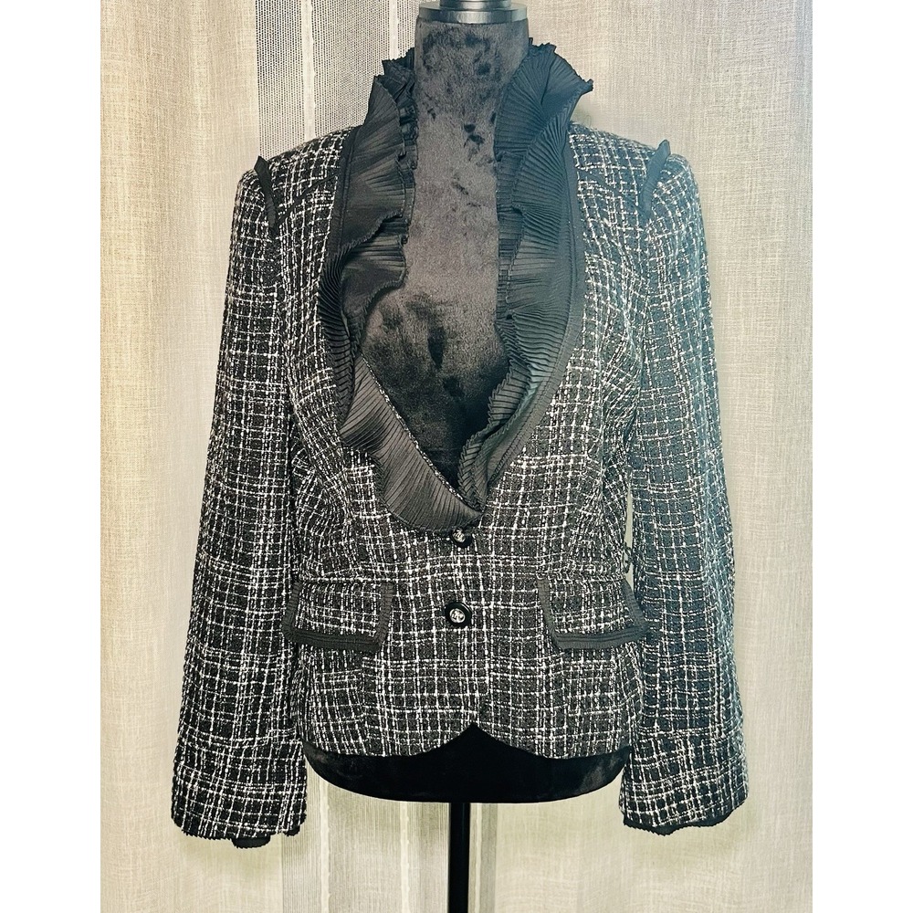 White House Black Market Tweed Blazer Ruffle Trim Button Up Size 12